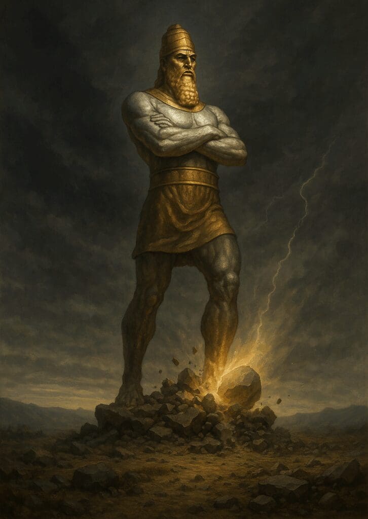A dramatic painting of the biblical statue from King Nebuchadnezzar's dream in the Book of Daniel, with a stone striking its feet, causing it to crumble.