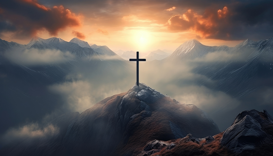 A large cross positioned on a rocky mountain peak, surrounded by a misty landscape and a dramatic sunset sky with hues of orange, pink, and purple.