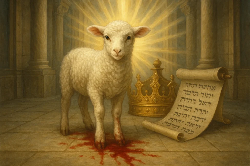 A white lamb with blood at its feet standing before a golden crown and a scroll with Hebrew text. The setting is a holy temple with rays of divine light.