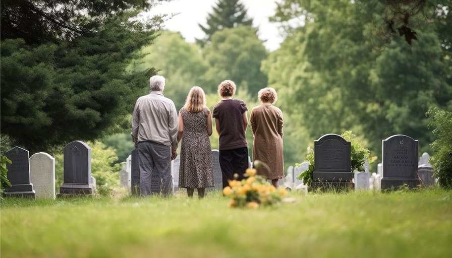 Four people stand together in a cemetery, facing gravestones in a peaceful, green setting, reflecting on loved ones who have passed away.