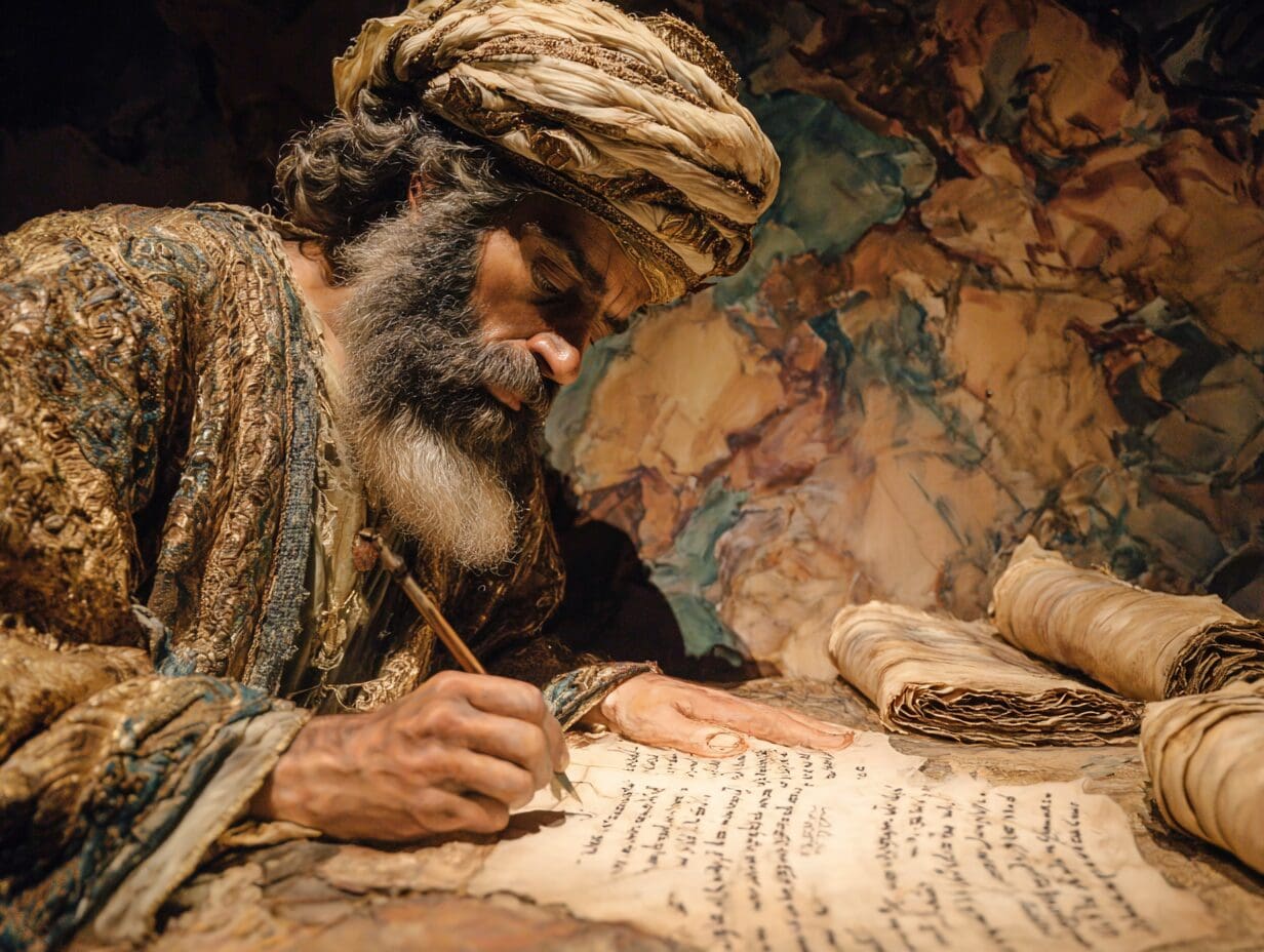 A detailed depiction of an ancient prophet writing on a scroll, dressed in ornate Middle Eastern garments, surrounded by rolled manuscripts.